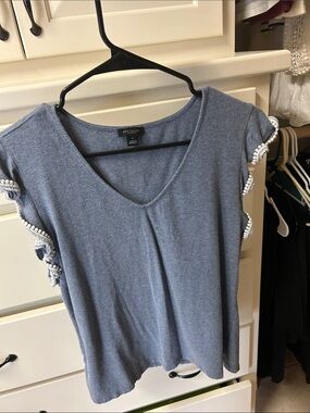 Ann Taylor Heather Blue V-Neck Short Sleeve Top with Trim Detail,